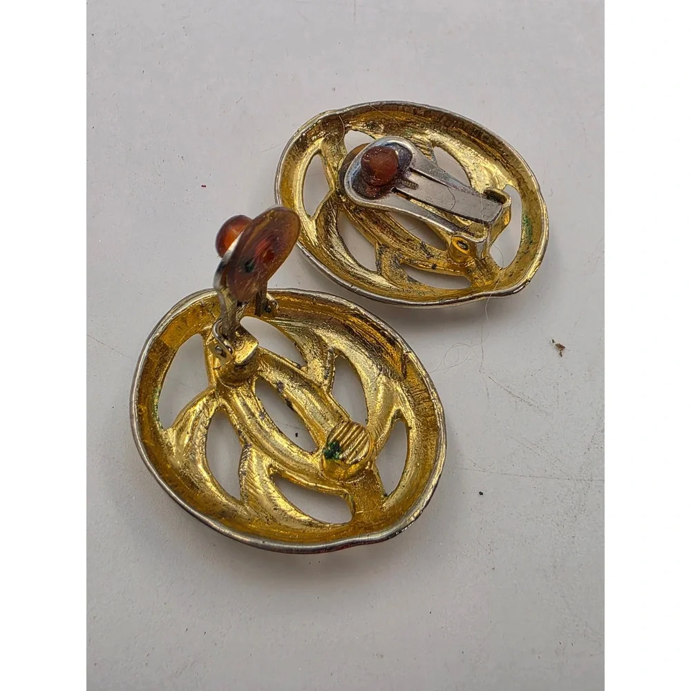 Vintage Gold Tone Abstract Openwork Oval Clip On Earrings Statement Jewelry